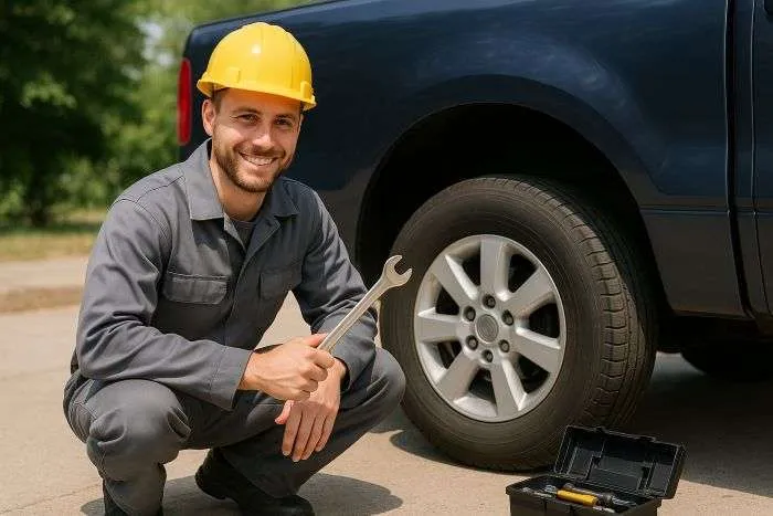 Mobile tyre technician performing 24/7 emergency workers on location in London